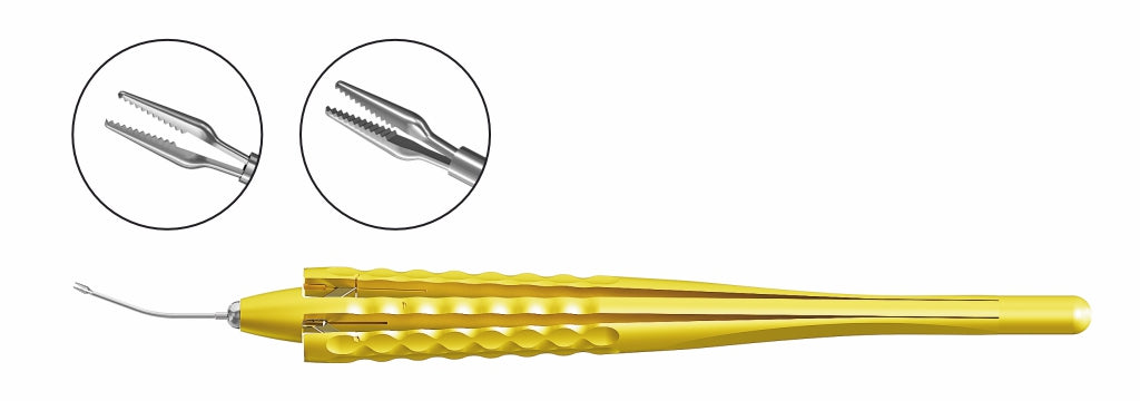 TMF147 23G Crocodile Serrated Lenticule Extraction Forceps, Curved | TITAN MEDICL