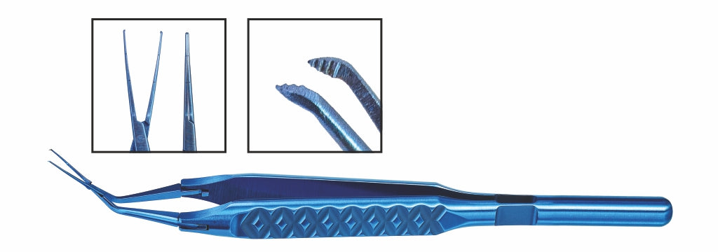 TMF189 Inamura Cross-Action Capsulorhexis Forceps, Angled, Serrated, with Marks, Titanium | TITAN MEDICAL