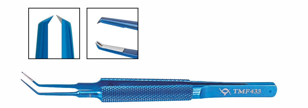 TMF433 Tennant Suturing Forceps, 1x2 0.1mm Teeth, 6mm Platform, Angled, 105mm, Titanium | TITAN MEDICAL