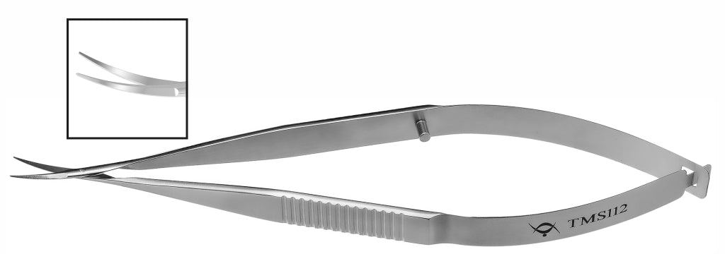 TMS112 Vannas Scissors Curved, 115 mm Handle, Stainless Steel | TITAN MEDICAL