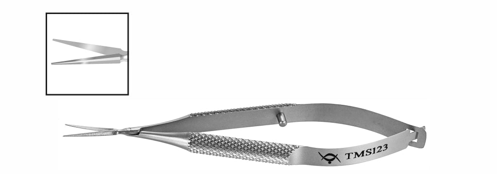 TMS123 Vannas Scissors Straight, Long Blades, Round Handle, Stainless Steel