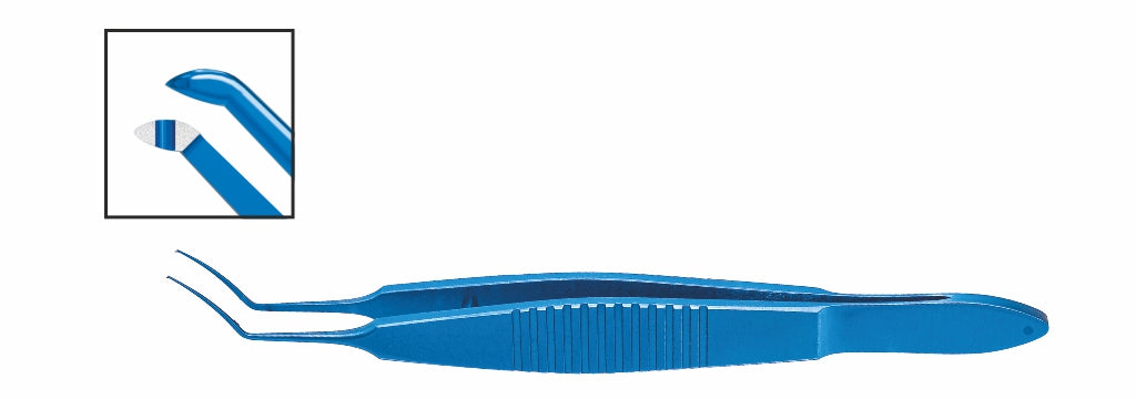 TMF113 Utrata Capsulorhexis Forceps, Grooved Grasping Tips, 11mm Curved Shafts, 102mm, Titanium | TITAN MEDICAL