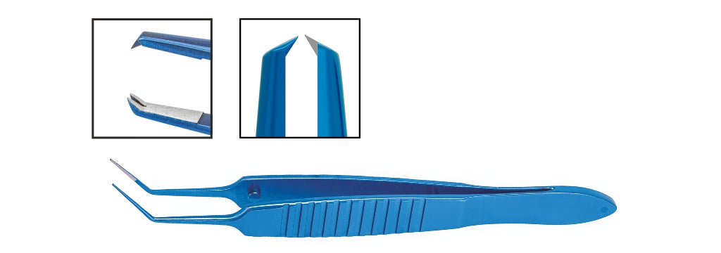 TMF403 Castroviejo Suturing Forceps, 1x2 0.1mm Teeth, 6mm Platform, Angled, 87mm, Titanium | TITAN MEDICAL