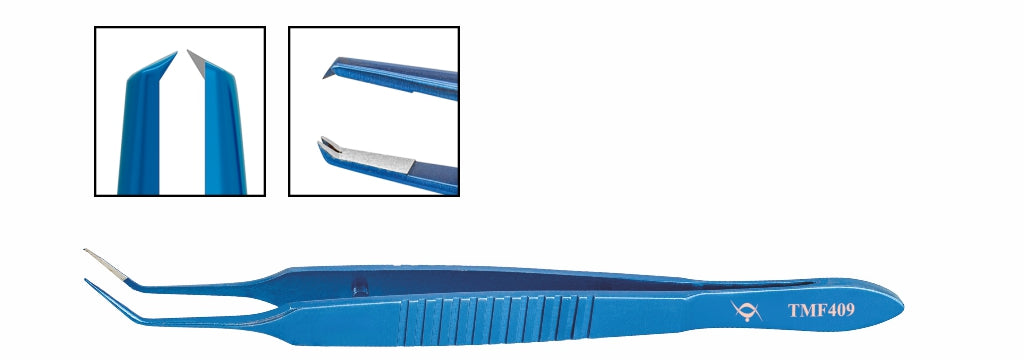 TMF409 Castroviejo Suturing Forceps, 1x2 0.12mm Teeth, 6mm Platform, Angled, 98mm, Titanium | TITAN MEDICAL