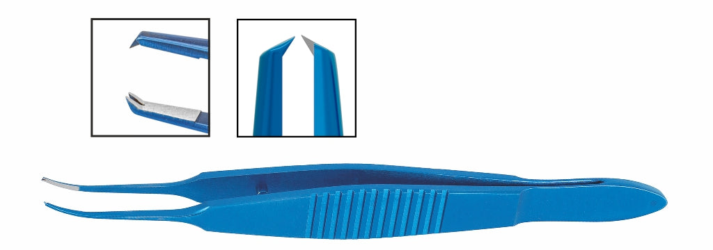 TMF418 Castroviejo Suturing Forceps, 1x2 0.12mm Teeth, 6mm Platform, Curved, 105mm, Titanium