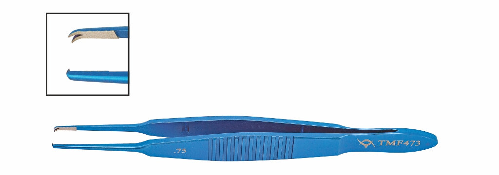TMF473 Scleral Suturing Forceps, 1x2 0.75mm Teeth, 6mm Platform, Straight, 105mm, Titanium | TITAN MEDICAL