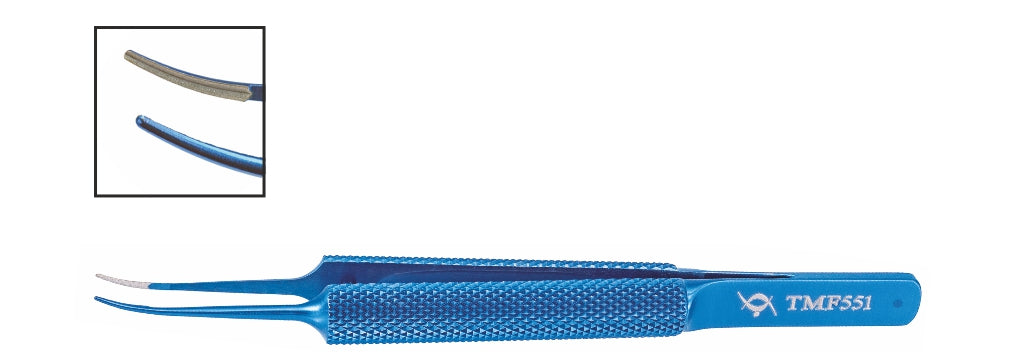 TMF551 Catalano Tying Forceps, 0.5mm Tip, 6mm V-Groove Platform, Curved, 100mm, Titanium | TITAN MEDICAL