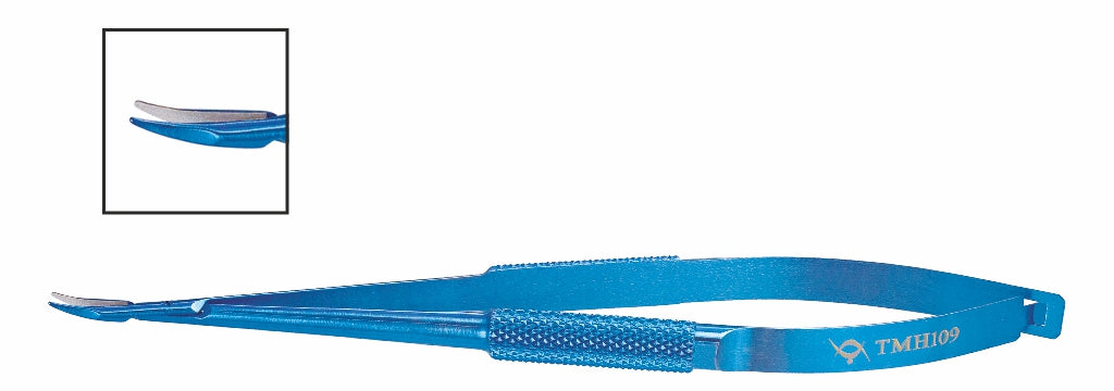 TMH109 Barraquer Needle Holder, Curved 0.4mm Tip, 9.5mm Jaw, 125mm, Titanium | TITAN MEDICAL
