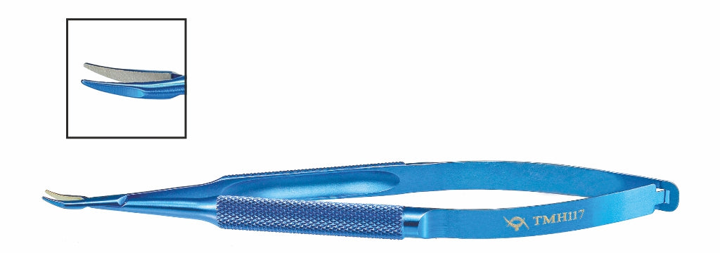 TMH117 Barraquer Needle Holder, Curved 0.6mm Tip, 8.5mm Jaw, 135mm, Titanium | TITAN MEDICAL